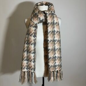 Calvin Klein Multicolor Houndstooth Knit Scarf Wrap Fringe 23" x 74" Winter